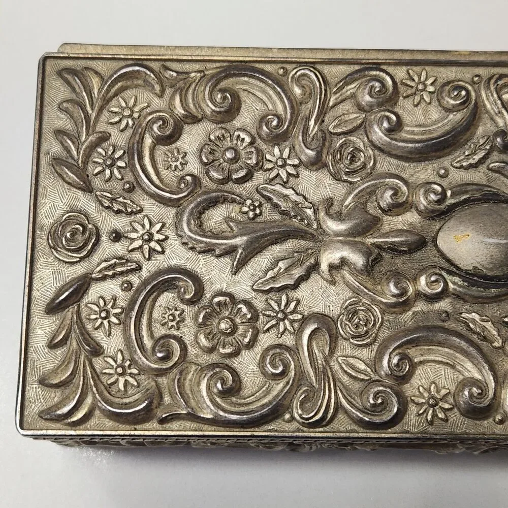 Godinger Vintage 1992 Silver Plate Ornate Rectangle Jewelry  Hinged Box Velvet